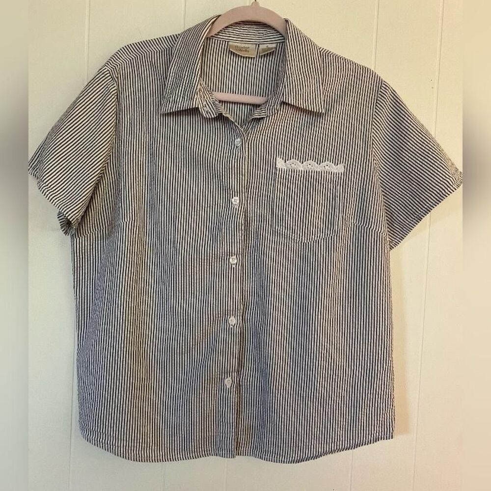Baxter & Wells Shirt Women's XL Blue White Striped Button Up Crochet Pocket